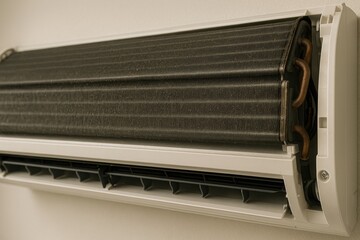 Fototapeta premium Energy efficiency improvement optimization. Indoor air conditioner unit with visible cooling coils and vents for airflow