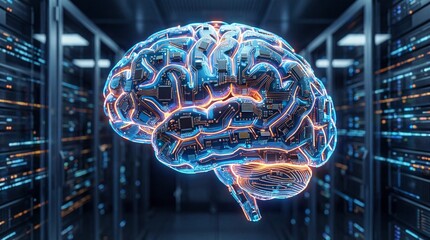 Glowing blue circuit brain floats in dark server room with neon lights