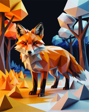Low poly fox illustration in abstract geometric forest, vibrant orange blue polygon art, modern wildlife digital artwork background