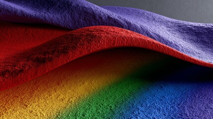 Abstract 3D render of vibrant rainbow textured waves and fluid layers.