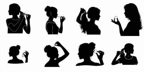 Collection of black silhouettes depicting a young woman tying her hair with an elastic band, demonstrating various hairstyle and preparation movements. © Nadya