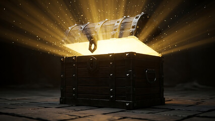 Glowing Open Treasure Chest with Golden Light and Sparkles in Dark Room