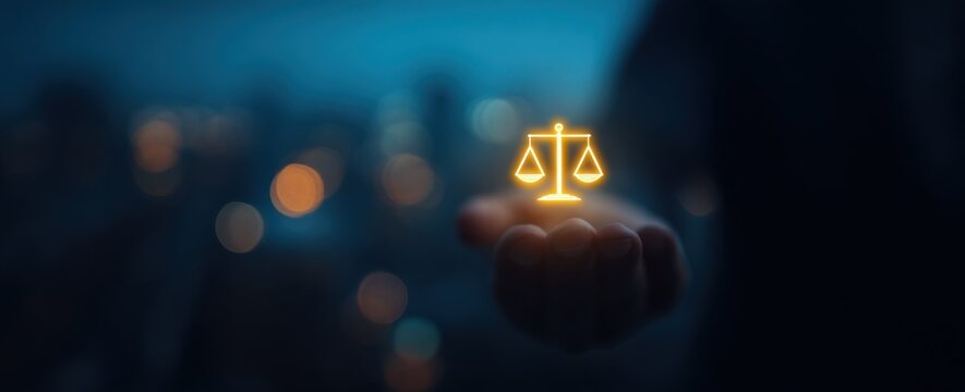 Hand presenting glowing scales of justice representing fairness and legal concepts