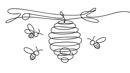 Minimalist one line drawing of bees flying around beehive on branch, continuous line honey bee illustration, simple nature design