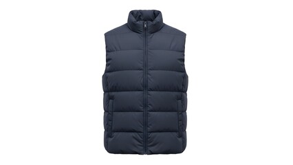 A modern navy blue quilted puffer vest with a high collar and full front zipper, isolated on a white background. Perfect for casual layering and cold weather outdoor activities.