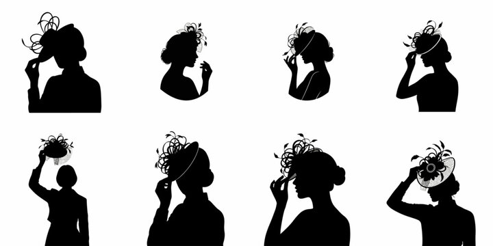 Black Silhouettes Collection of Women in Elegant Headwear and Fascinator Hats for High Society Events.