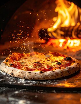 A delicious pizza emerges from a wood-fired oven, surrounded by a warm glow and sparks, showcasing its crispy crust and bubbling cheese.