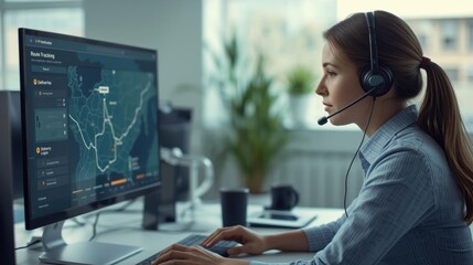 A focused woman using a headset monitors a digital map on her computer, likely involved in logistics or customer support.