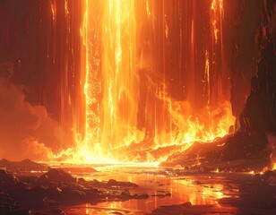 Fiery cascade in a harsh landscape, liquid reflecting intense light and heat, with rock formations on either side