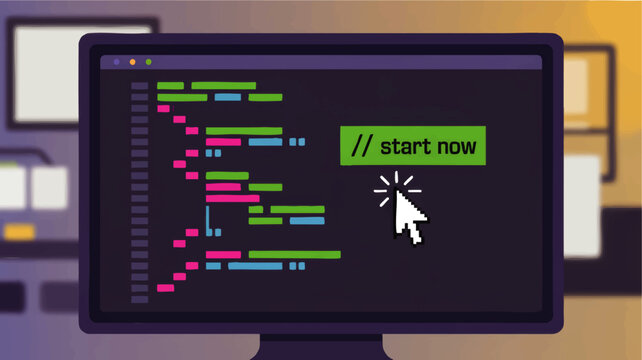 Colorful code editor on computer monitor with cursor clicking green start now button, flat illustration of programming and web development