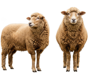 Two fluffy sheep standing together with a friendly gaze isolated on transparent background