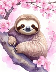 Obraz premium A cheerful sloth rests on a branch surrounded by pink cherry blossoms, exuding a playful and relaxed vibe in a colorful illustration.