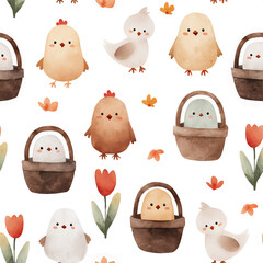 Easter seamless pattern design. Spring print with chickens, basket and tulip for fabrics, clothes, wallpaper, wrapping paper