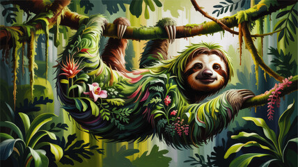 Obraz premium Whimsical sloth covered in lush jungle foliage and tropical flowers, colorful fantasy rainforest wildlife illustration, nature art