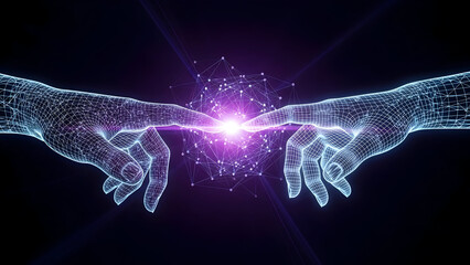 Futuristic hands connecting with glowing purple light and network