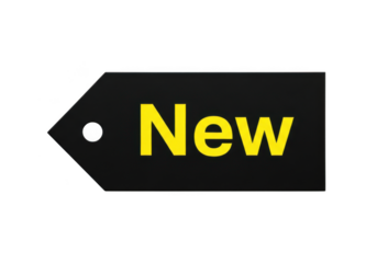 Black price tag with the word new in yellow font, perfect for sales and promotions, isolated on transparent background