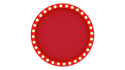Marquee light frame with bulb glowing isolated on transparent background. Round retro banner 3d, realistic red casino or circus sign, red neon cinema name, empty frame with gold lights © Yvone