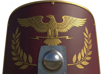 Ancient roman shield with golden eagle emblem and laurel wreath design isolated on transparent background