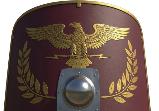 Ancient roman shield with golden eagle emblem and laurel wreath design isolated on transparent background