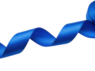 Vibrant royal blue satin ribbon curling in a wavy sshape, isolated on transparent background