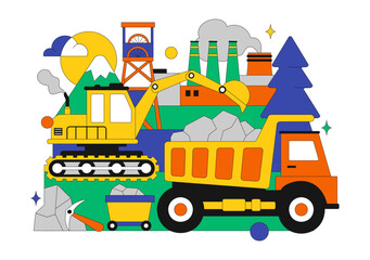 Mining Company Vector Illustration Featuring Heavy Yellow Dumper Trucks for Industrial Sand Mining Transportation Process on Flat Background © denayune