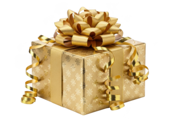 Beautifully wrapped golden gift box with a large bow and ribbons isolated on transparent background