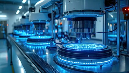 Automated Manufacturing Line with Blue LED Illumination.