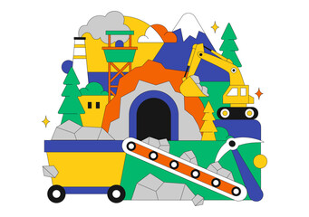 Mining Company Vector Illustration Featuring Heavy Yellow Dumper Trucks for Industrial Sand Mining Transportation Process on Flat Background © denayune