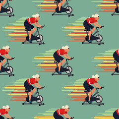 Fototapeta premium Seamless pattern of an active senior woman cycling on a stationary bike, representing fitness and healthy aging
