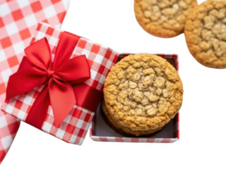 Oatmeal cookie gift box with red ribbon and red and white checkered napkin, perfect for holiday treat presentation isolated on transparent background