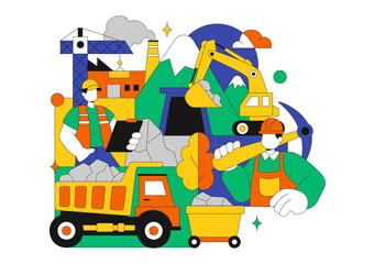 Fototapeta premium Mining Company Vector Illustration Featuring Heavy Yellow Dumper Trucks for Industrial Sand Mining Transportation Process on Flat Background