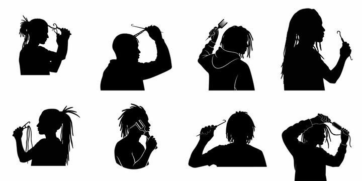 Set of eight black silhouettes illustrating people with dreadlocks performing hair care and styling routines using various specialized tools like crochet hooks and picks.