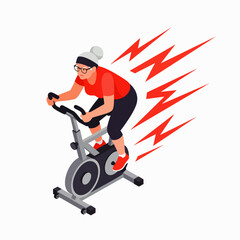 Obraz premium Active senior woman exercising on stationary bike with speed lines, promoting healthy lifestyle and fitness for older adults.