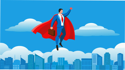Confident businessman in superhero pose flying over cityscape