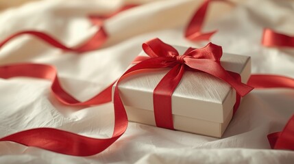 A beautifully wrapped gift box with a red ribbon on a white cloth