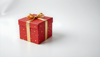 Fototapeta premium A beautifully wrapped red gift box with a golden ribbon on a white background