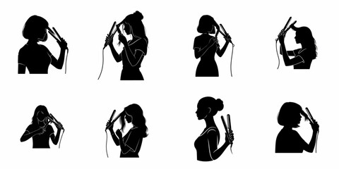 Black silhouette collection of women styling diverse hairstyles using a hair straightener or flat iron, symbolizing beauty and personal self-care routine.