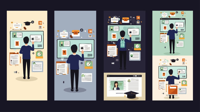 Man interacting with a digital board displaying educational and business icons, representing e-learning and online courses - Powered by Adobe