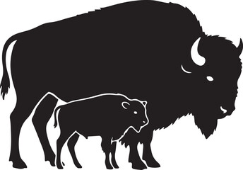 Baby Bison and Mother Silhouette, Wildlife Animal Family Vector, Nature Conservation Illustration © Usman AI