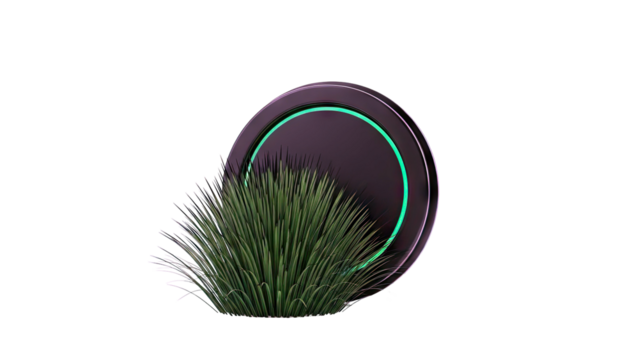 Futuristic Black Disk with Green Neon Ring and Green Grass - Powered by Adobe