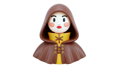 3D render of a character wearing a brown hooded cloak and yellow tunic