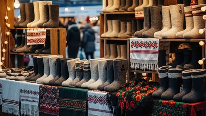 Cozy wool boots and traditional textiles on display at outdoor winter market booth during festive evening
