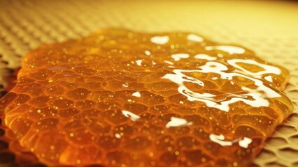 Dramatic lighting on a pool of golden honey with a honeycomb mesh texture background