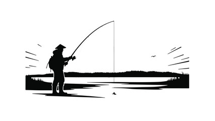 Silhouette of a solitary angler casting a line into serene waters at sunrise, embodying peaceful pursuit.