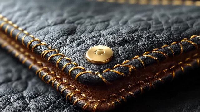Macro shot of premium black leather bag with gold stitching details