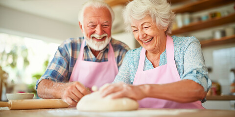 Elderly couple happily bake dough together in a cozy kitchen setting. Ideal for promoting baking classes or showcasing senior activity.