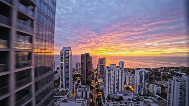 Sunset floods a canyon of glass towers; a busy street glows between mirrored fa?ades. at golden hour