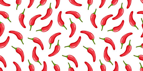 Red Chili Pattern Background. Chili Seamless Pattern. Doodle Chili Background.