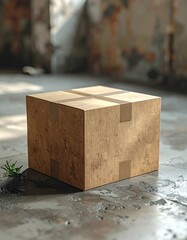A single cardboard box sits on a concrete floor in an abandoned building.