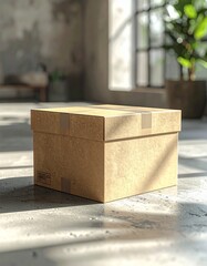 A simple cardboard box sits on a concrete floor in a sunlit room.